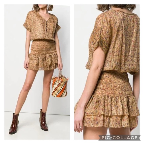 Mes Demoiselles Ambroisie Gold Lurex Floral Print Ruffled Hem Minidress Size 4 - Picture 2 of 14